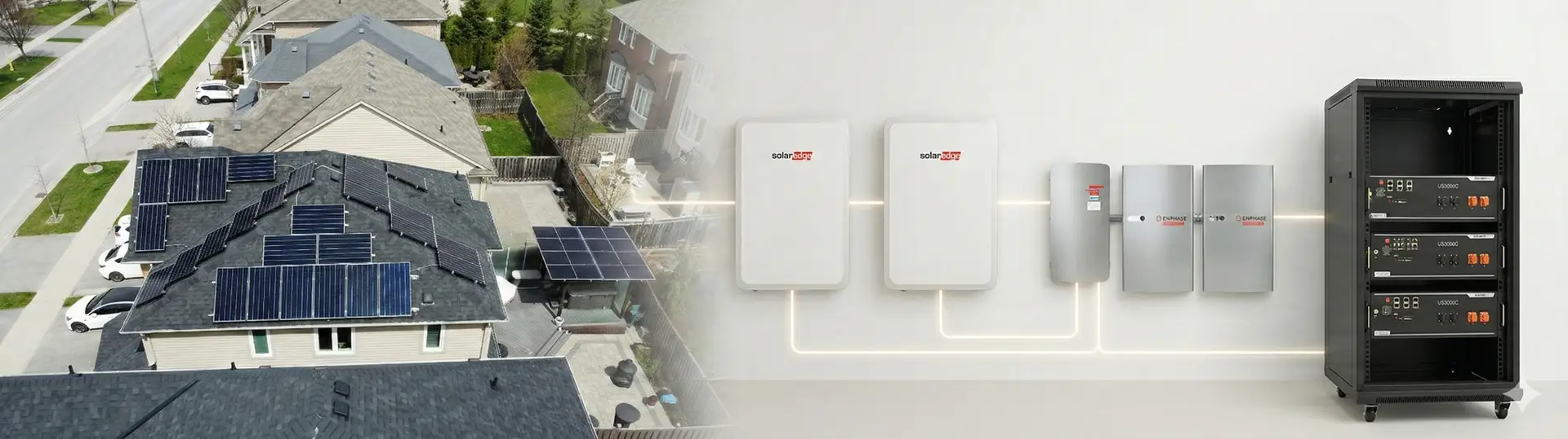 Residential neighborhood with rooftop solar panels connected to a home solar energy system and a large inverter rack on the right.