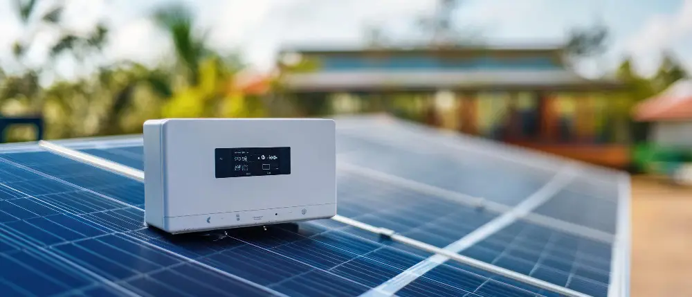 Solar inverter on a solar panel array, powering a sunny home.