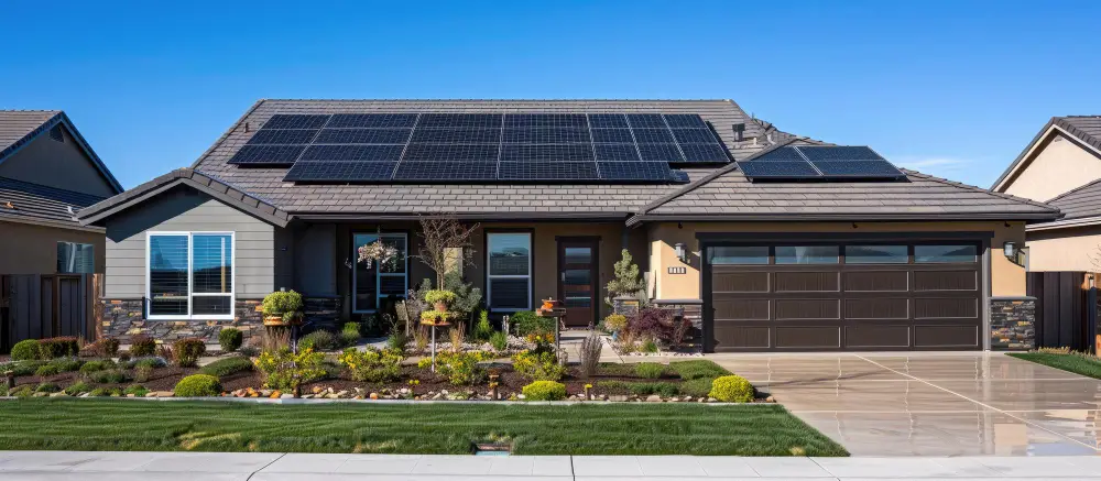 Single-story suburban home with a large solar panel array on the roof, landscaped front yard, and a two-car garage.