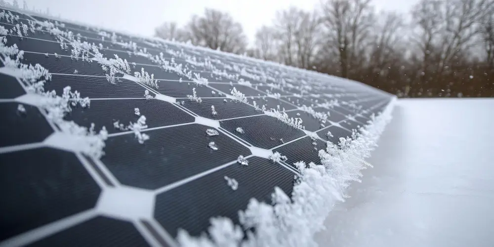 Solar panels with frost on their edges, set against a wintry landscape.