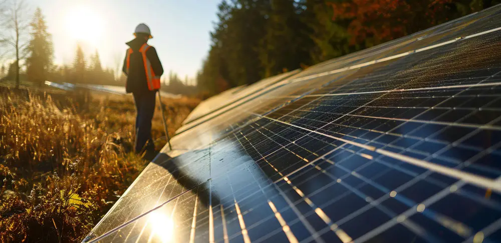 Worker in safety gear inspecting solar panels in a field at sunrise.