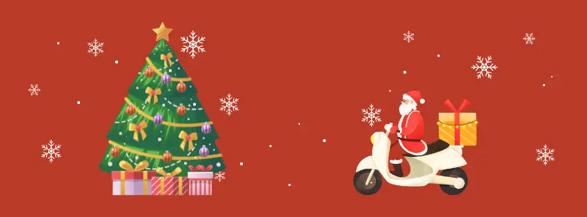 Christmas scene with a decorated tree on the left and Santa on a scooter delivering a gift on the right, festive snowflakes around.
