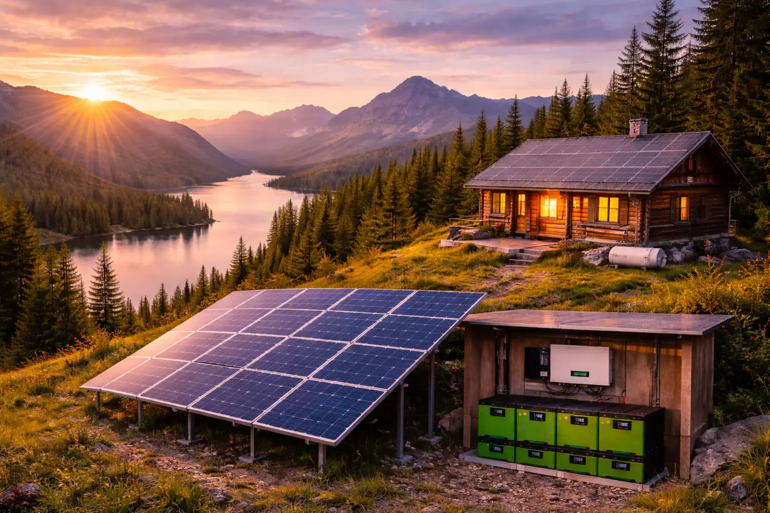 Cozy mountain cabin at sunset with solar panels and battery storage in the foreground, overlooking a serene lake.