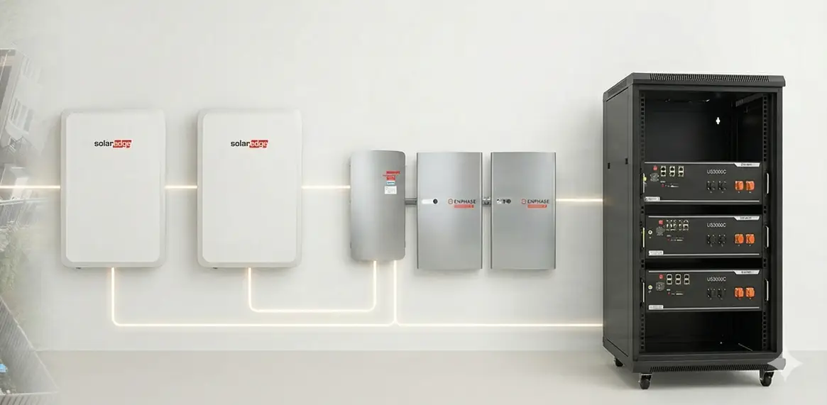 Solar power system installation: wall-mounted inverters and a data/server rack, with connected conduit lines.