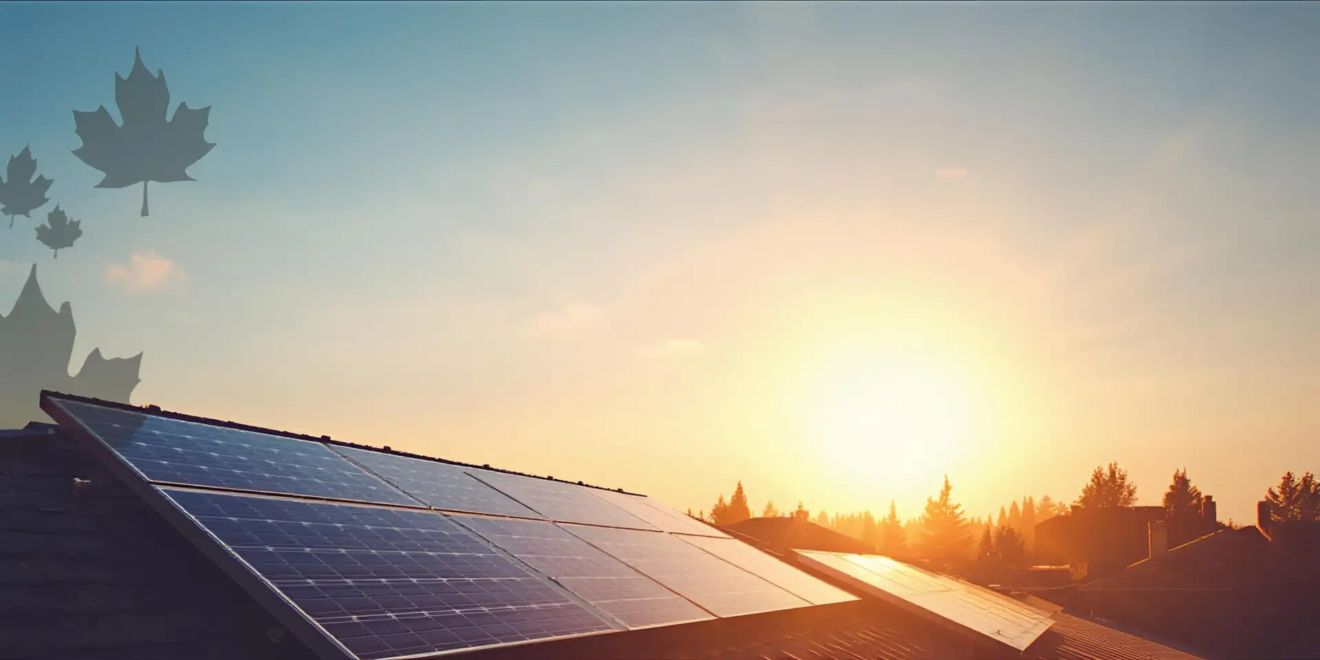 Rooftop solar panels catching the sunset over a suburban neighborhood with maple leaves motif in the sky.