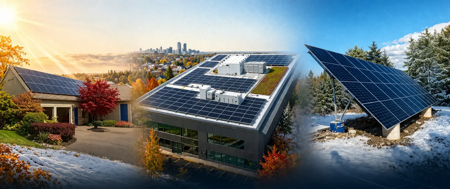A panoramic collage of solar panels on diverse settings: a residential roof with autumn landscaping, a modern commercial building with a rooftop solar array, and a snowy hillside with a large solar panel installation.