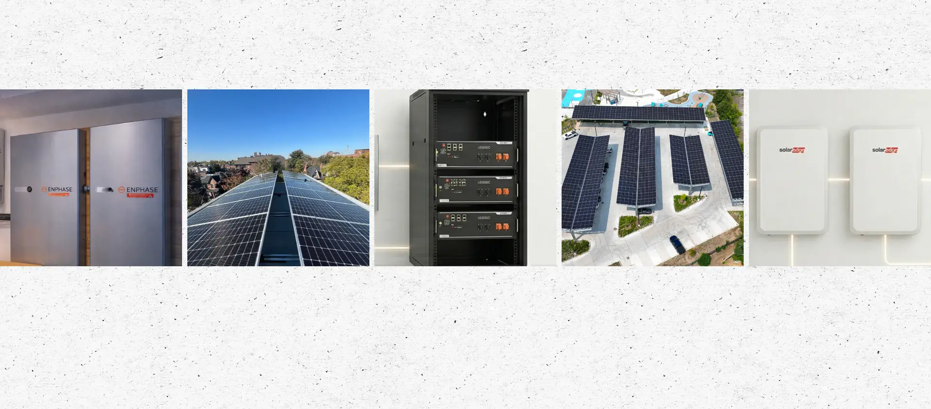 Group of solar panels, server racks, and power equipment arranged in a horizontal collage for a business banner.