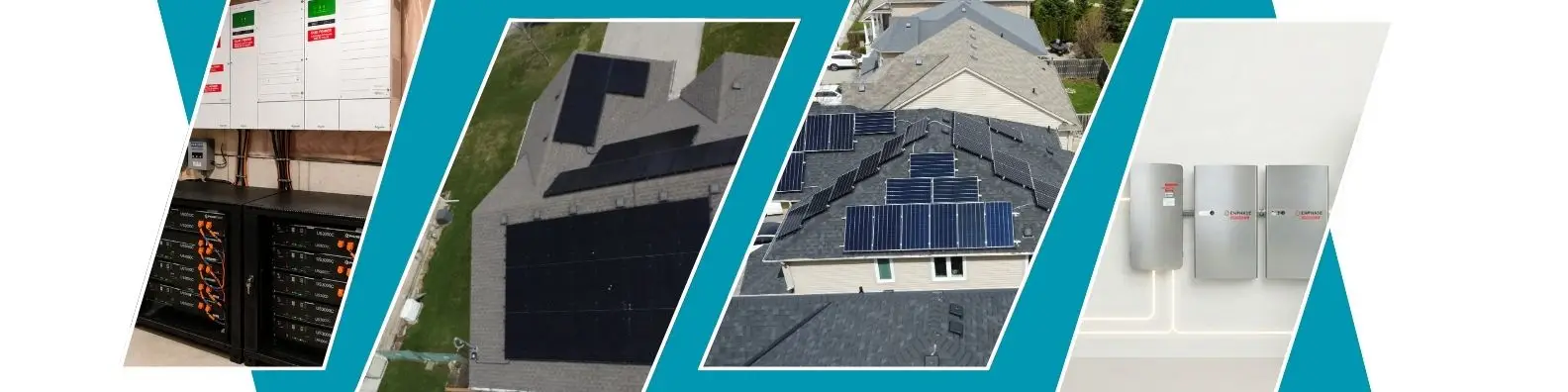 LinkedIn background with blue and white geometric shapes featuring buildings, solar panels, and utility equipment.
