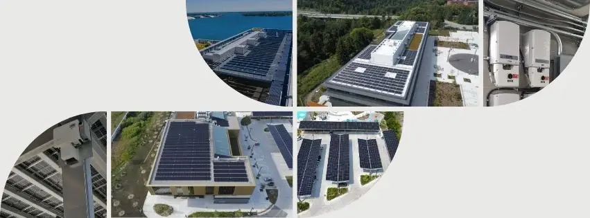 A collage of solar panels on rooftops and rooftop equipment, arranged in circular cutouts.