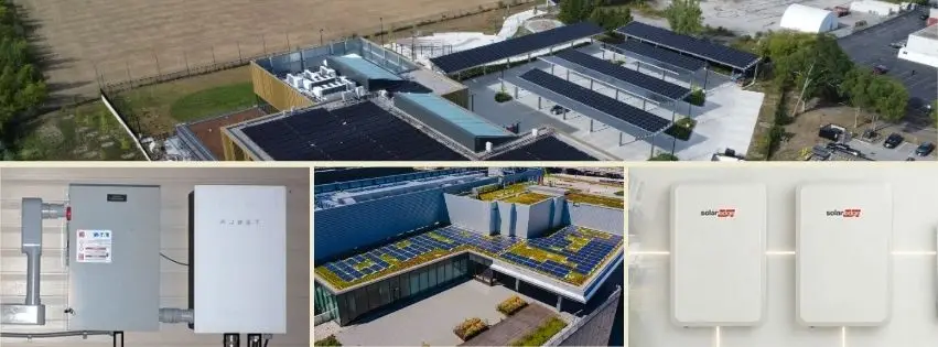 Aerial view of a modern building complex with solar panels on rooftops and adjacent facilities, including white inverters and rooftop equipment.