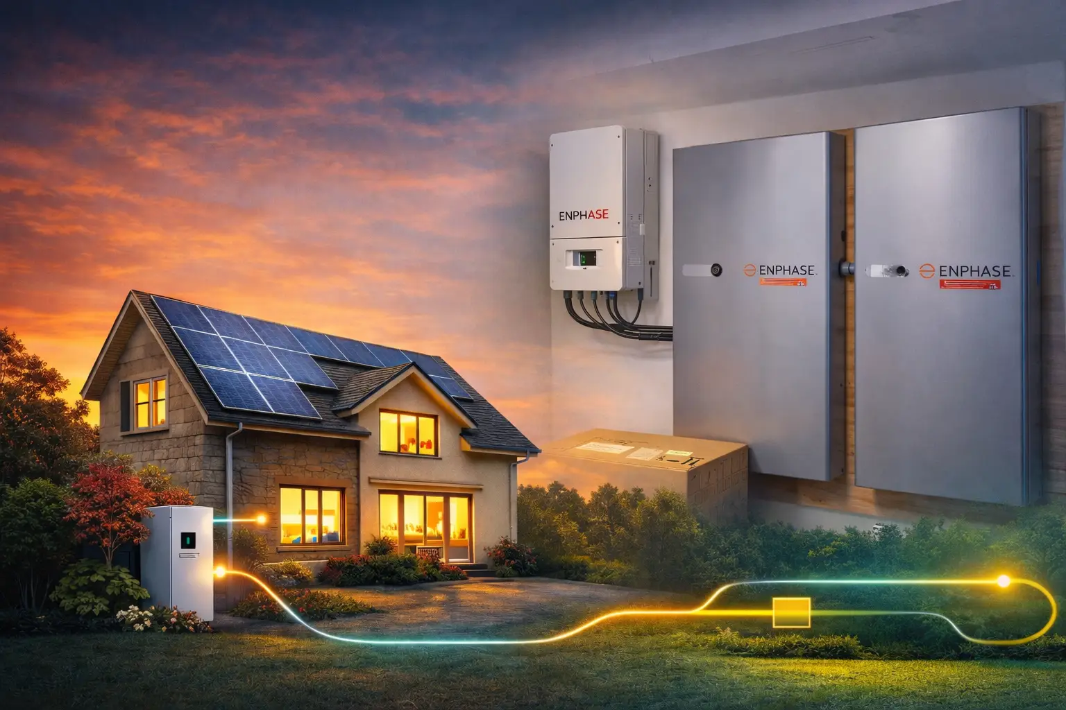 Residential solar-powered home with solar panels, EV charging, and large Enphase inverter/solar storage units; glowing conduit line across lawn.