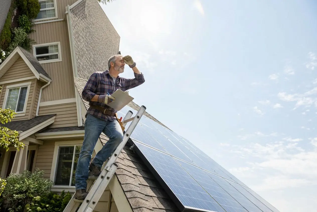 A technician on a ladder inspecting solar panels on a residential roof, searching the horizon—part of government funding solar panels initiatives.