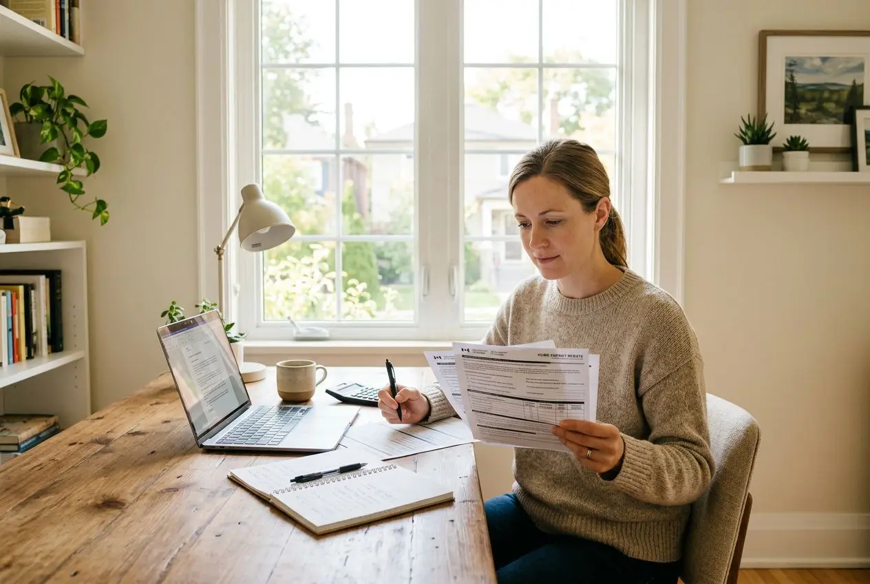 Woman at a wooden desk reviewing documents with a laptop, in a bright home office for a home renovation savings program.
