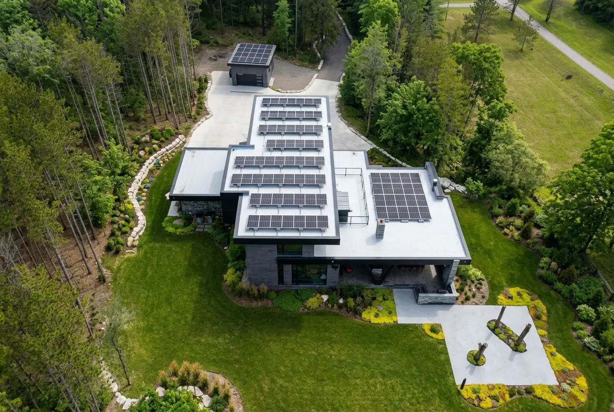 Aerial view of a modern flat-roofed house with multiple solar panels, surrounded by trees and a manicured lawn in Ontario; aligns with government grants solar installation flat roof commercial toronto.