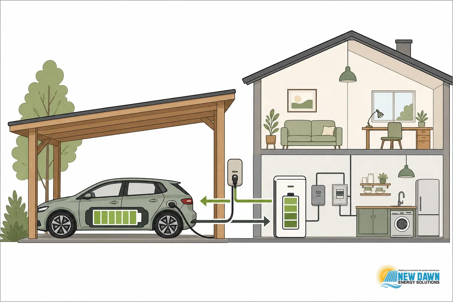 Car connected to a home through a bidirectional charging setup, with vehicle-to-home flow depicted; EV in a driveway, charging gear and interior home visible, New Dawn Energy Solutions logo in corner.