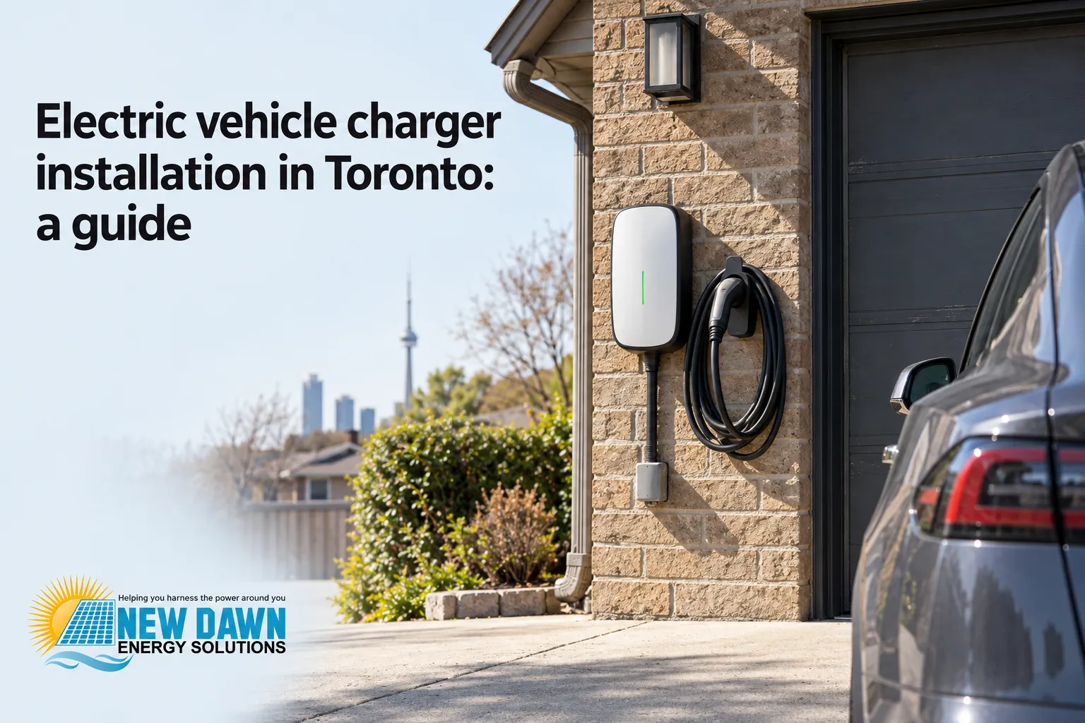 A charging station mounted on a brick wall beside a parked car in a driveway.