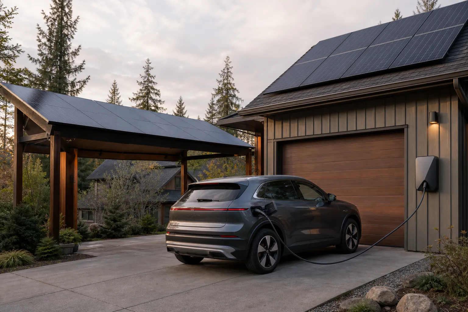 EV on a driveway connected to a wall charger for bidirectional electric vehicle charging, with solar panels on the house and carport. Canada context: V2H/V2G/V2L-ready setup.