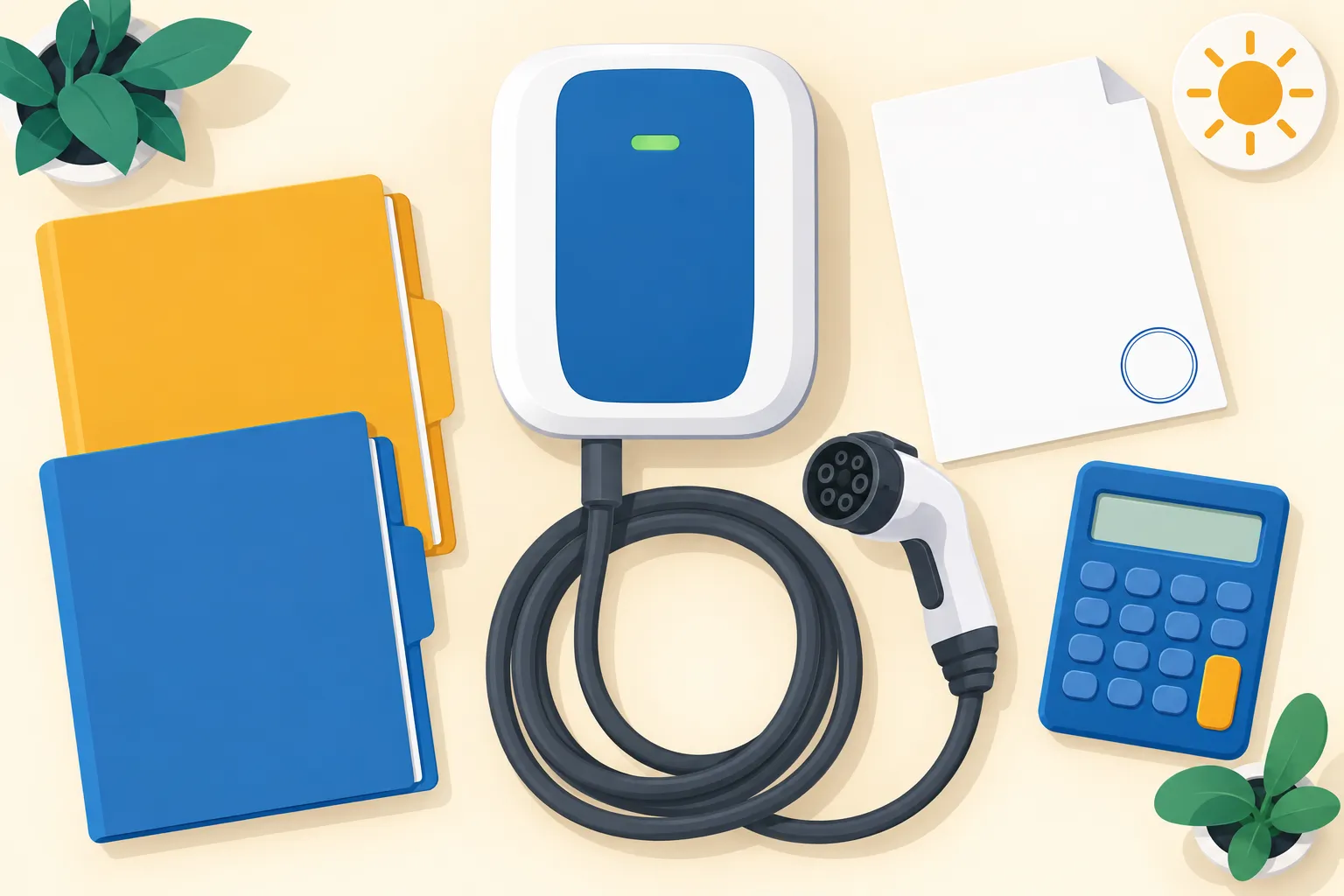 A home charging electric vehicle charger with a coiled cable, plug, and surrounding office supplies on a light desk.
