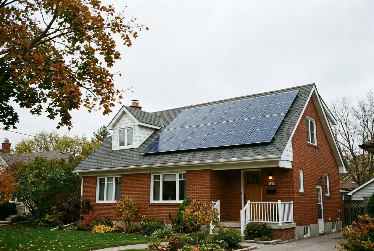 House with a large array of solar panels on the roof, brick exterior, front yard with autumn foliage, and a small porch. Integrates benefits of installing solar panels naturally.