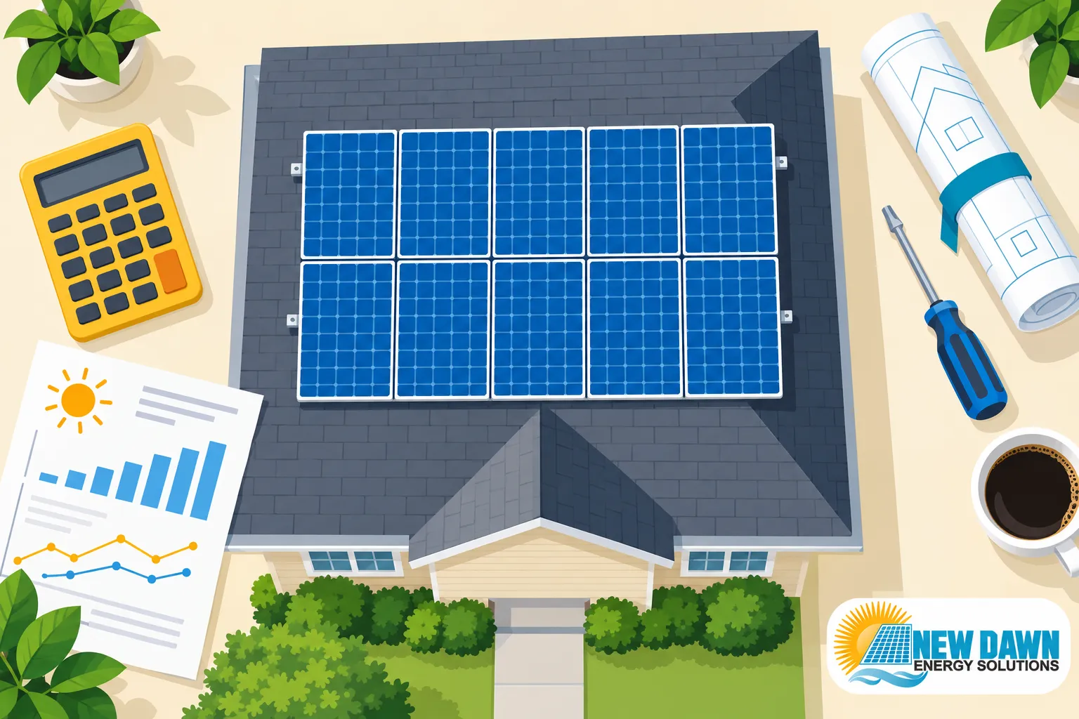 A house roof with blue solar panels, surrounded by a calculator, blueprint, coffee, and plants.