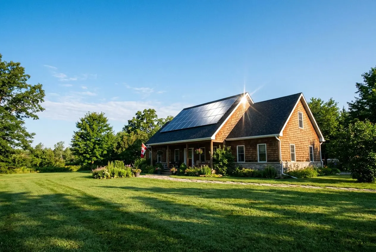House with rooftop solar panels gleaming in bright sun; lush green lawn and blue sky. do solar panels work better in summer or winter?