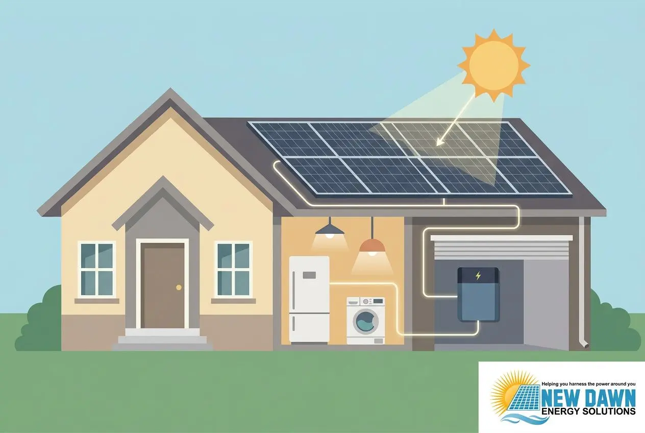A house with solar panels on the roof and visible utility connections in a sunny scene.