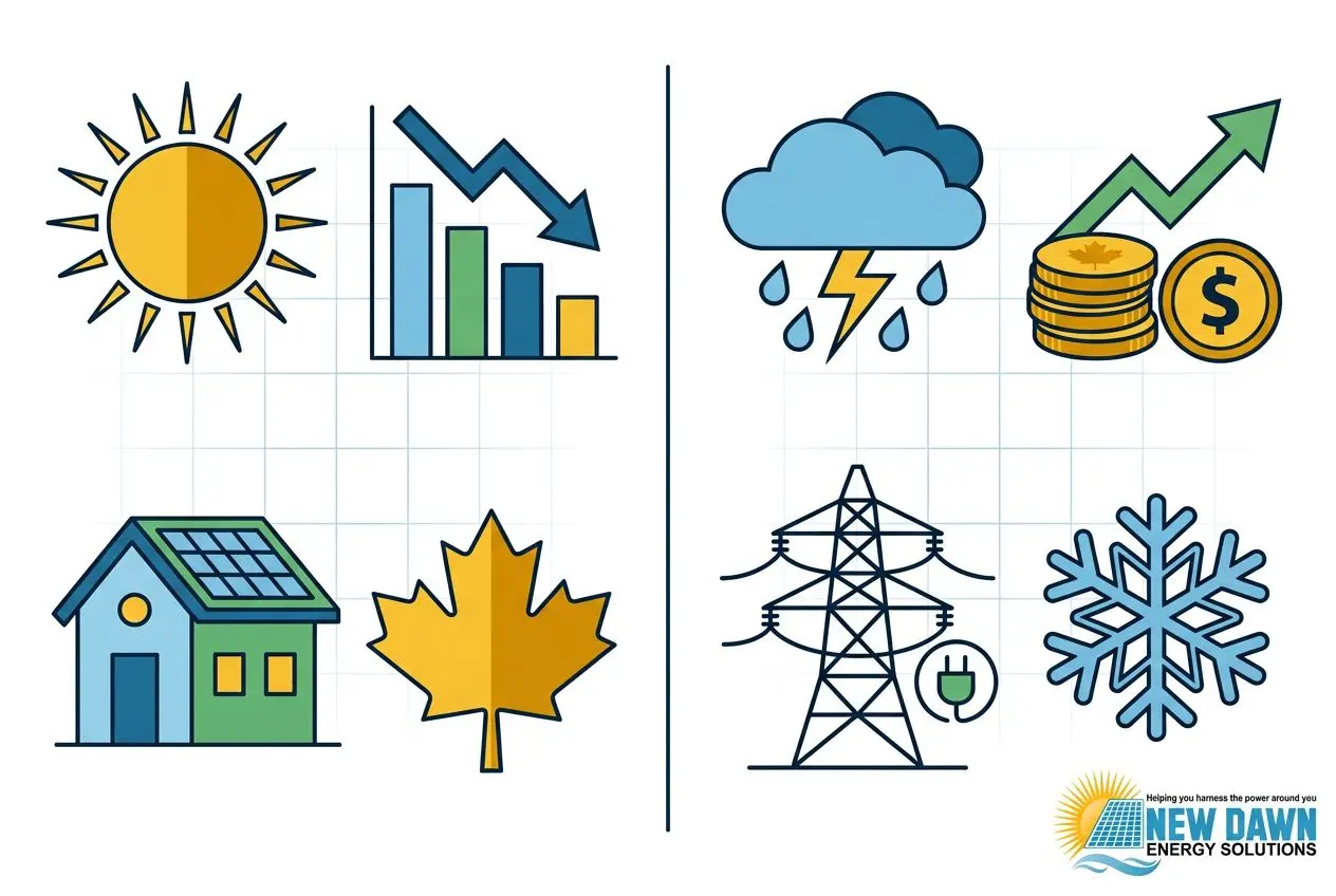 Illustration of solar energy benefits for Canadian homes: sun, rising graph, home with solar panel, maple leaf, power lines, precipitation cloud, coins and growth, and a blue snowflake with New Dawn Energy Solutions logo.