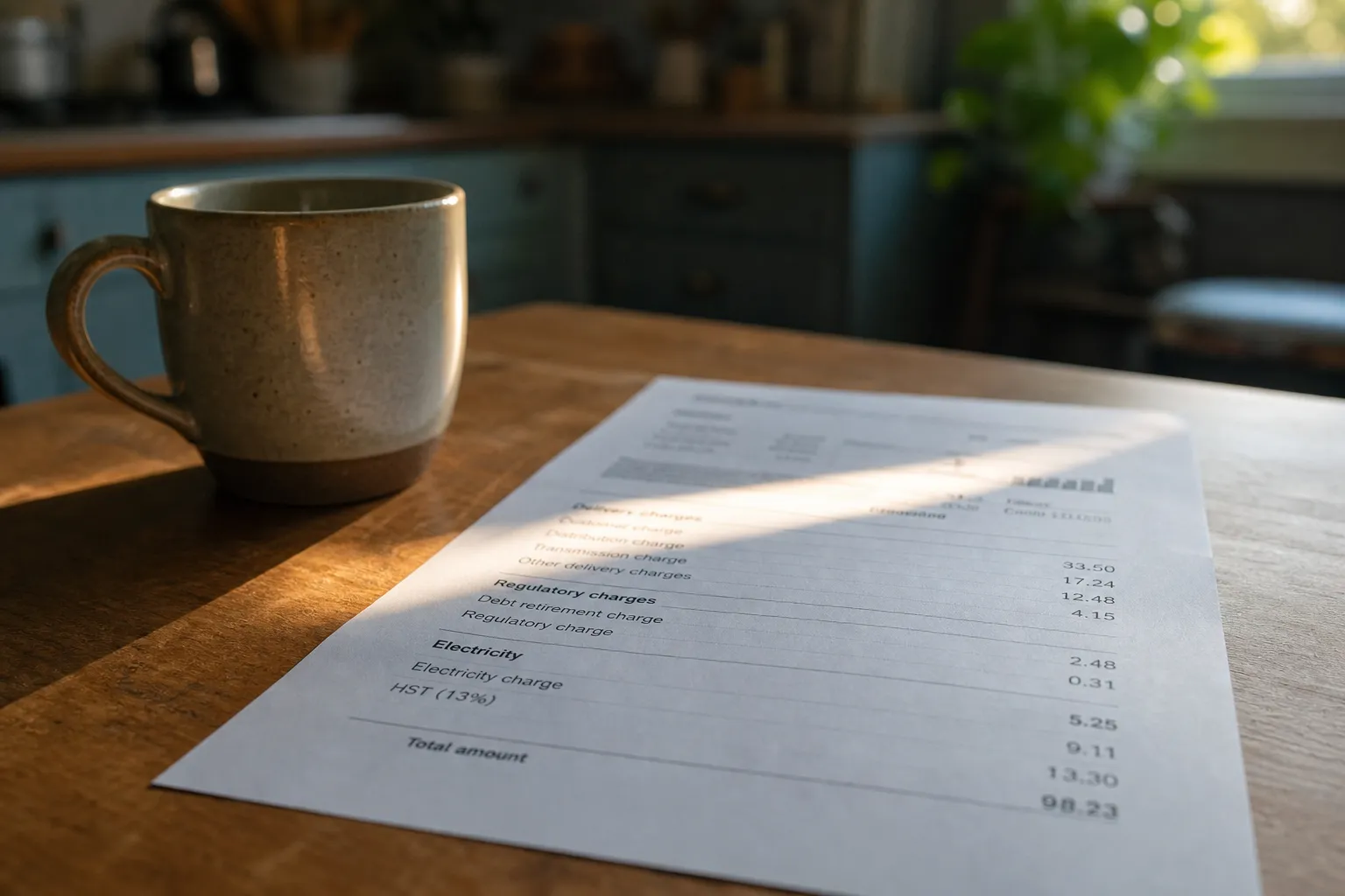 Invoice on a wooden table with a mug, illustrating ontario electricity rate increases and the advantage solar presents.