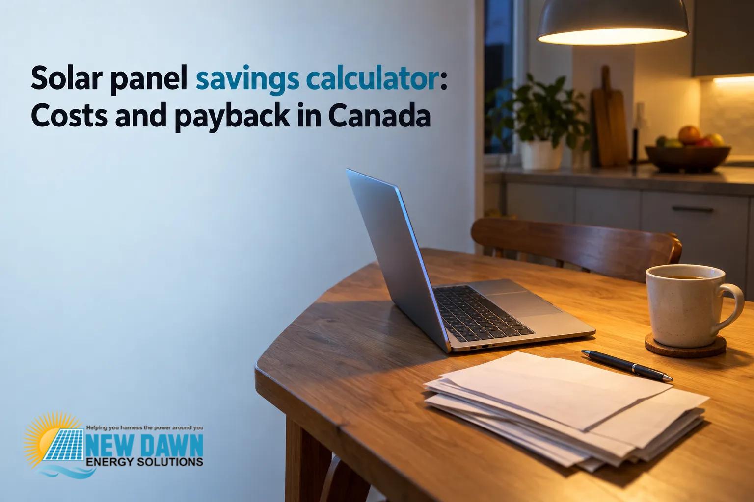 A laptop sits open on a wooden table beside a mug and papers in a kitchen, with a banner reading Solar panel savings