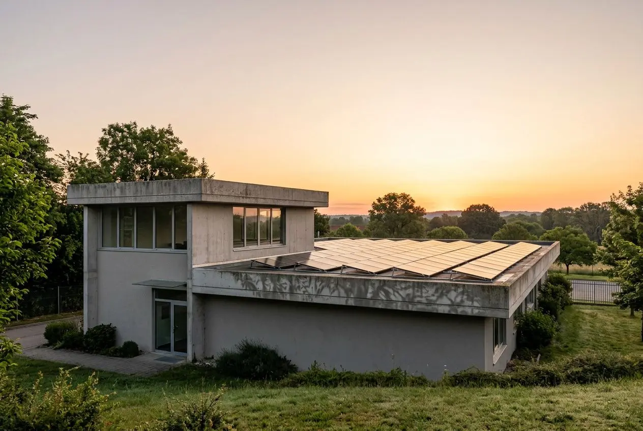 Modern concrete commercial building with solar panels on a sloped roof, set in a green rural landscape at sunset. Ontario small business commercial solar installers alternatives to large installers.