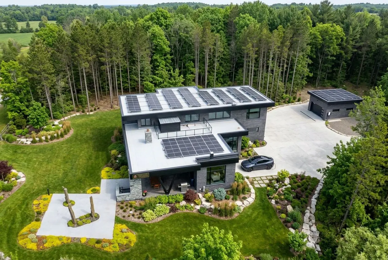 Modern two-story home with extensive solar panels on roof, surrounded by lush landscaped gardens and tall trees in a rural setting. Durham green energy financing programs for home retrofits.