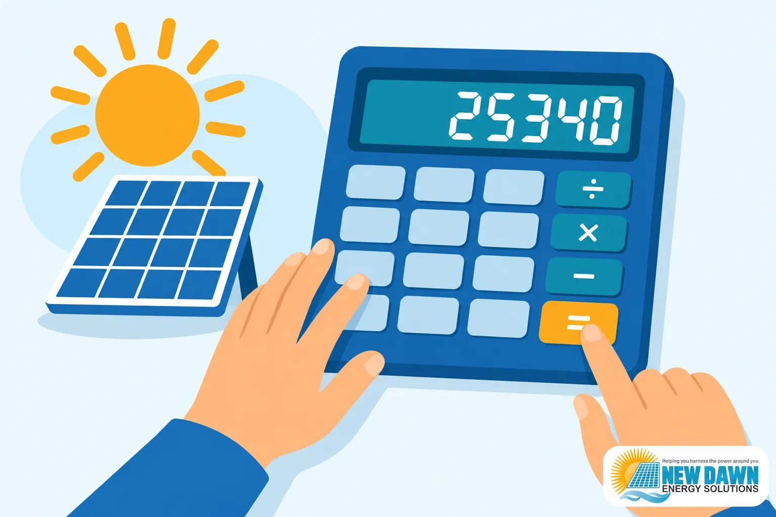 A person uses a calculator next to a solar panel under a sun.