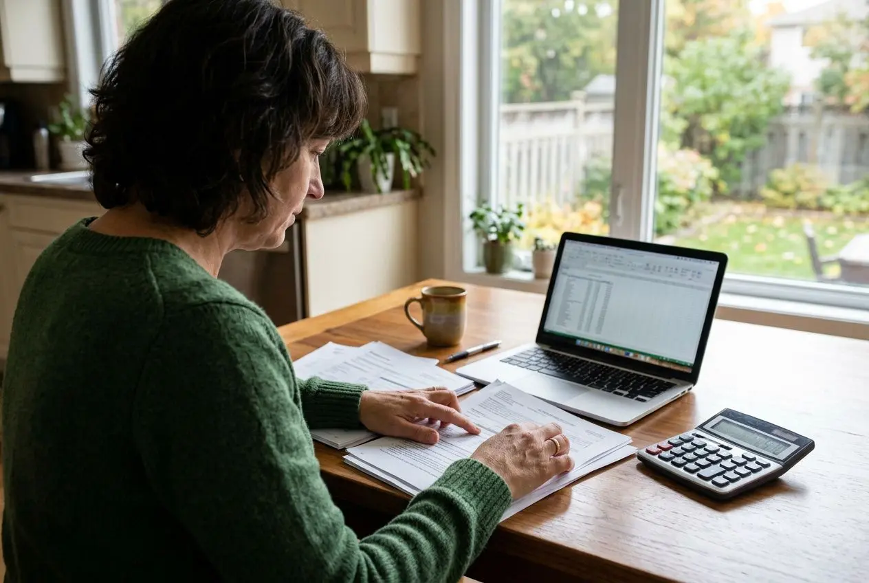Person at a wooden table reviewing documents with a laptop, calculator, and coffee mug, studying energy grants in Canada. can you still get government grants for solar panels?
