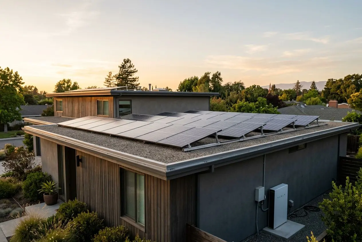 Rooftop solar panels on a modern home, with a backyard and trees in the background at sunset. Do solar panels work at night?
