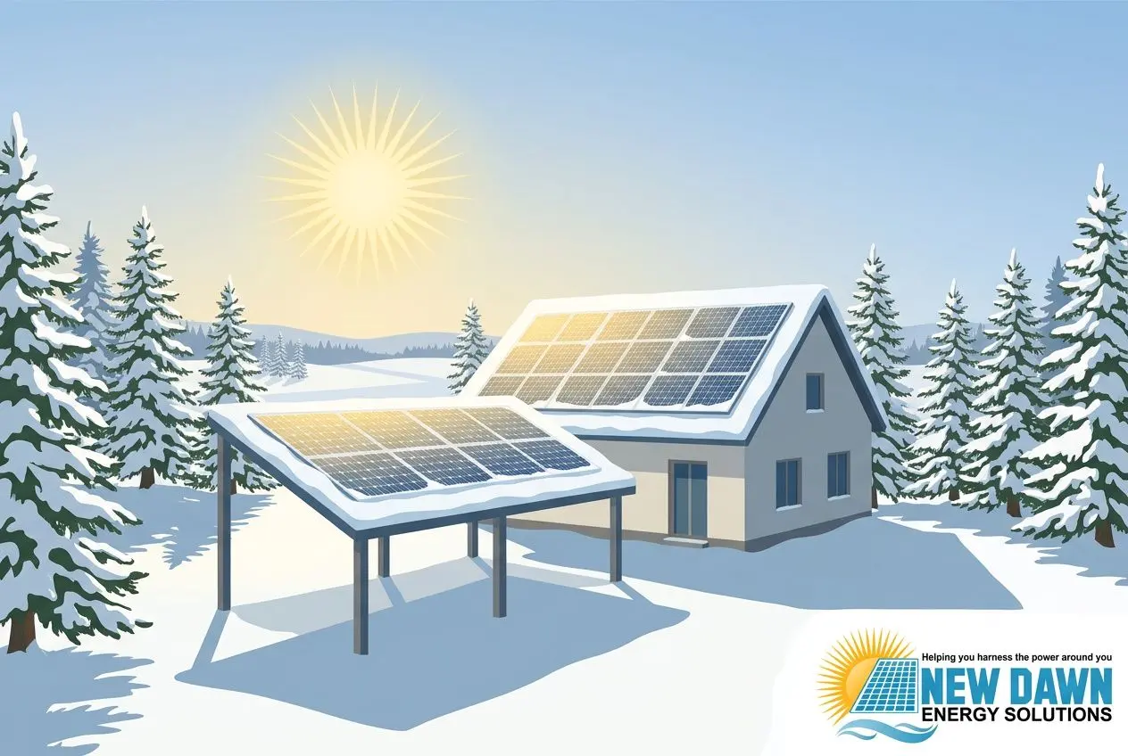 Snowy Canadian home with solar panels on roof and ground mount; bright sun, evergreen trees, and a New Dawn Energy Solutions logo. do solar panels work better in summer or winter integrated naturally.