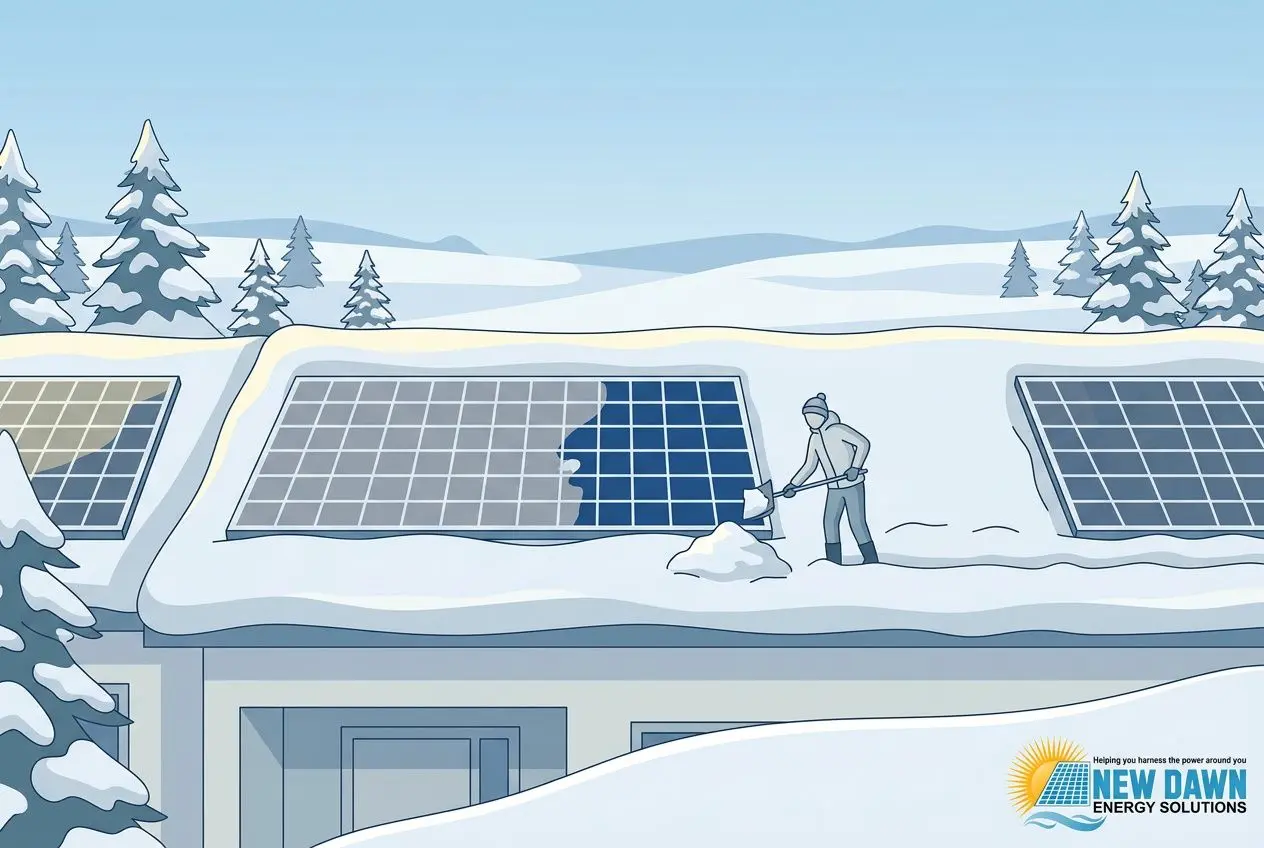 Snowy roof with solar panels being cleaned by a worker; winter landscape with pine trees and a cloudy sky. What causes solar panels to lose efficiency.