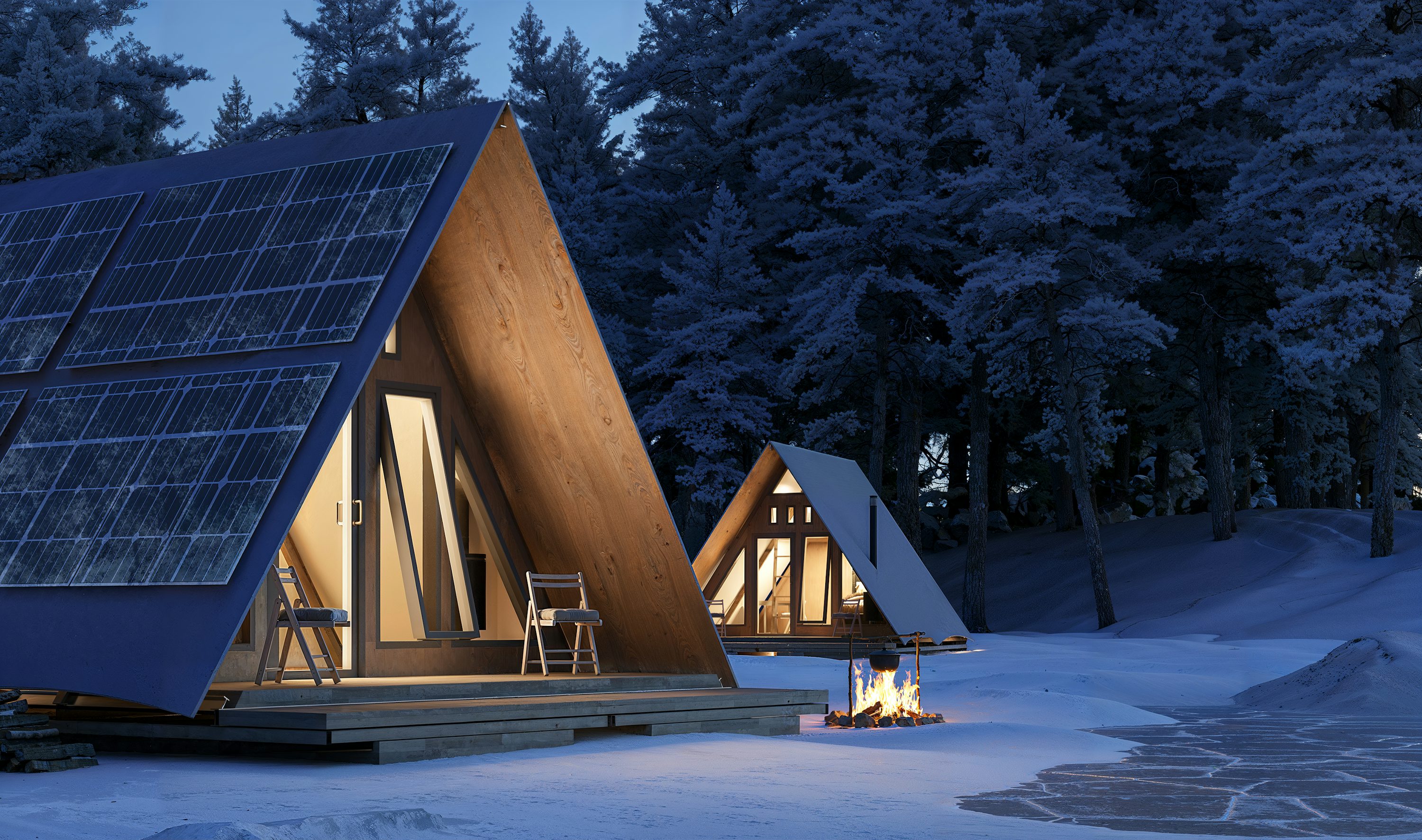 A snowy twilight scene of A-frame cabins with solar panels on the roof, showcasing how do solar panels work at night via battery storage or grid support.