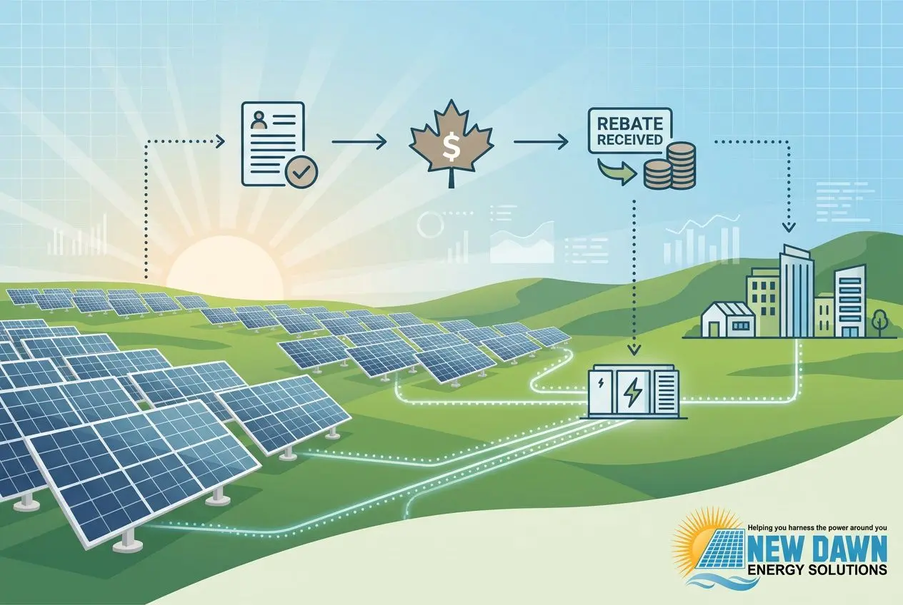 Solar panels array with sun, flow of funds, and “rebate received” icon illustrating benefits of installing solar panels for Canadian homes.