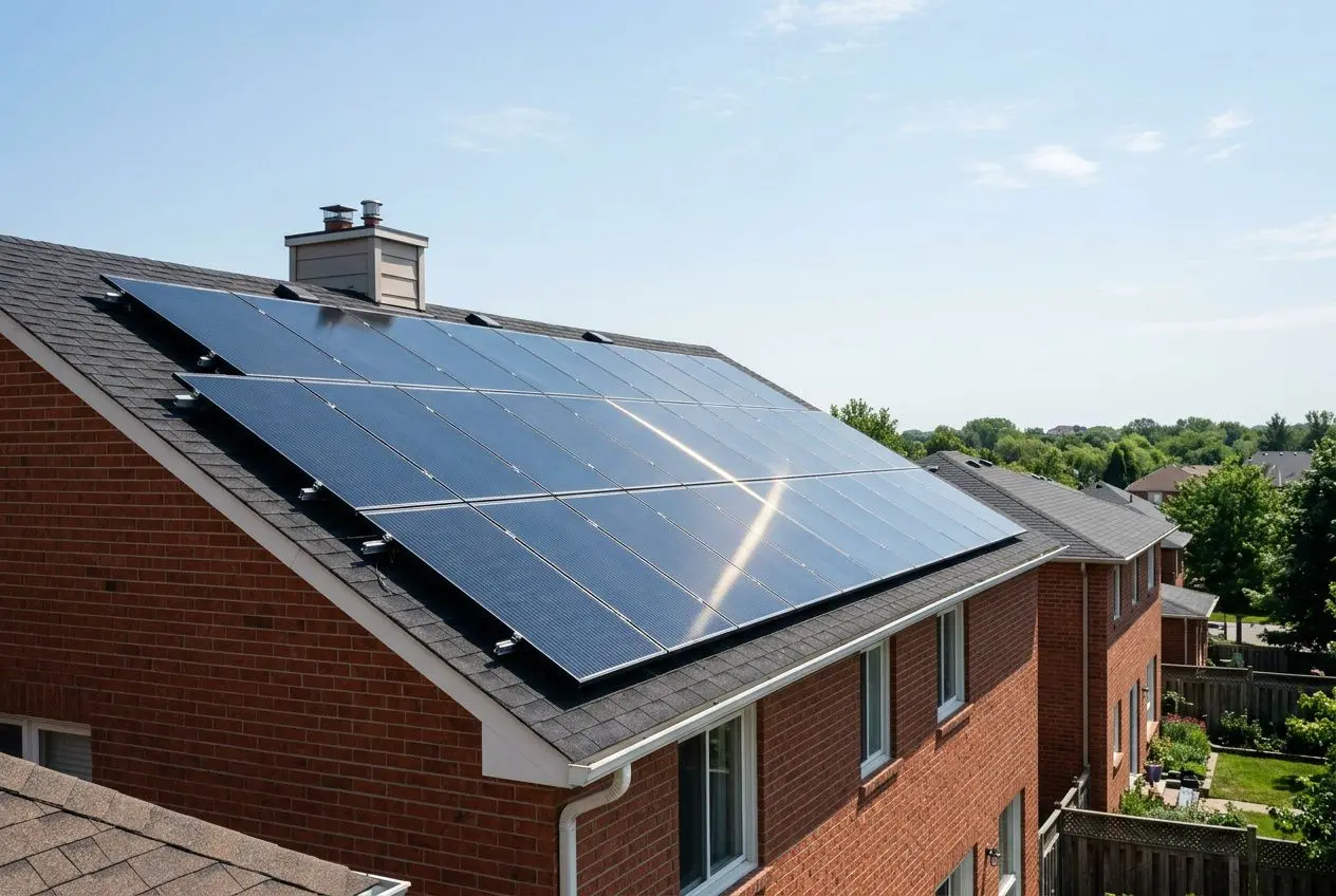 Solar panels on a brick house roof, catching summer sun, illustrating do solar panels work better in summer or winter.