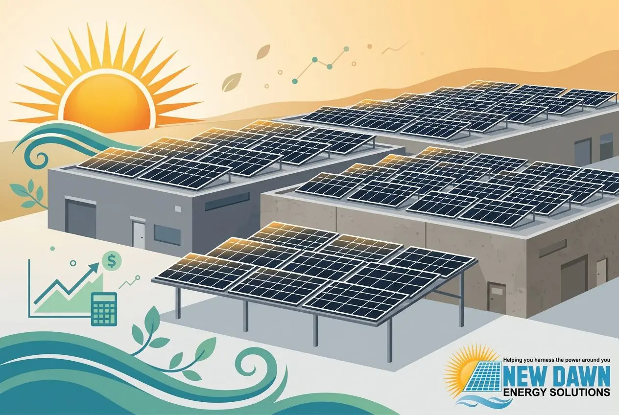 Solar panels cover multiple commercial rooftops at sunrise, with a logo for New Dawn Energy Solutions in the corner. Ontario small business commercial solar installers alternatives to large installers keyword integrated naturally.