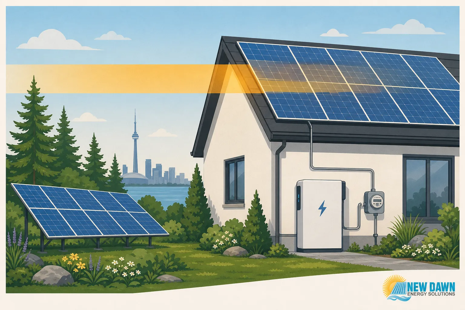 Solar panels on a house and yard, with a smaller panel in the foreground; a sunny suburban scene with greenery and a city skyline in the distance. ontario electricity rate increases and the advantage solar presents.