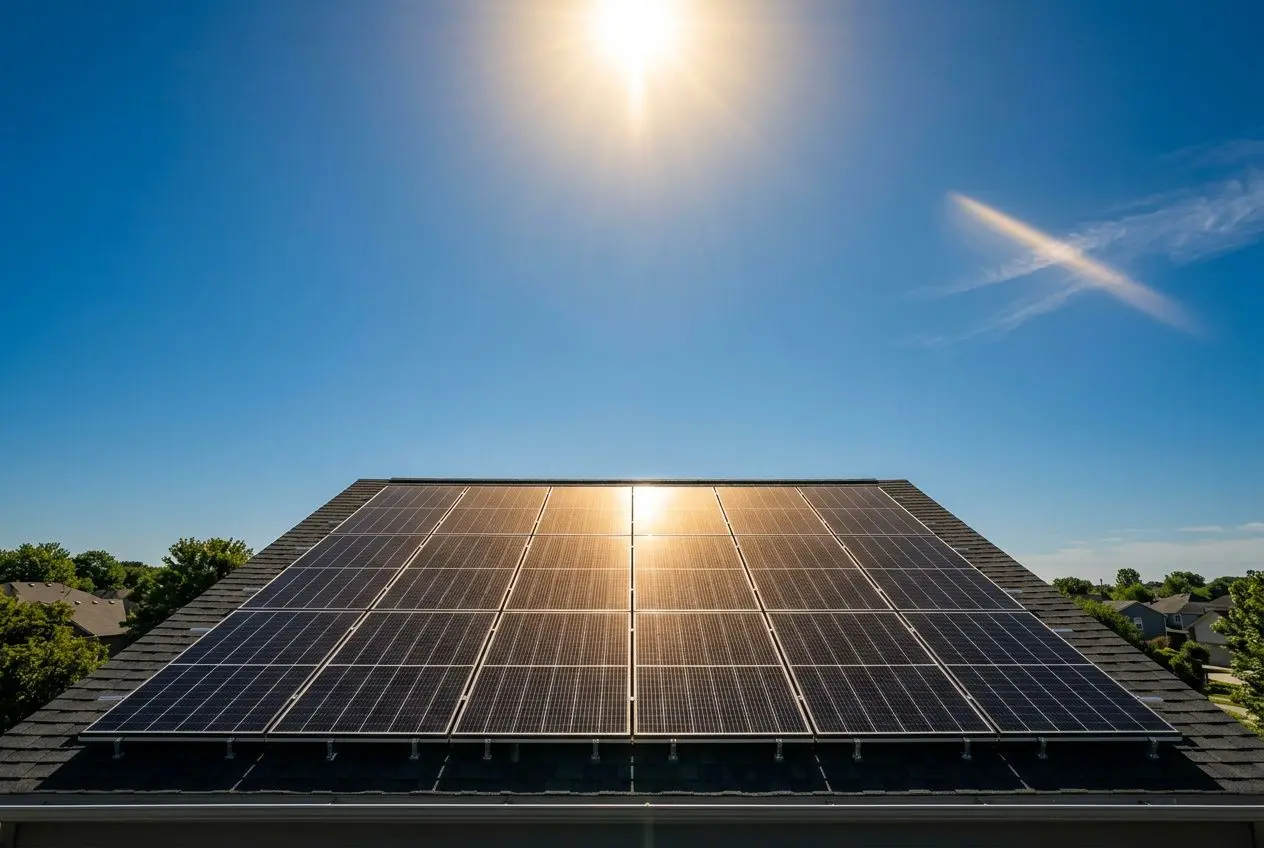 Solar panels on a roof basking in bright sun, capturing peak power as sun rises in a clear sky, illustrating what time of day are solar panels most efficient.