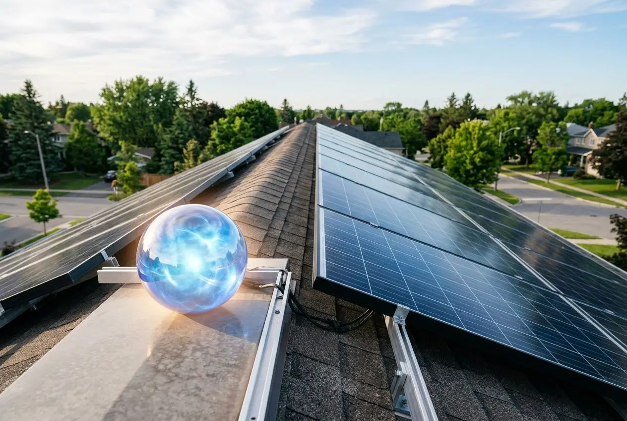 Solar panels on a roof with a glowing blue energy orb, highlighting solar energy setup for a Canadian home. Do solar panels store energy.