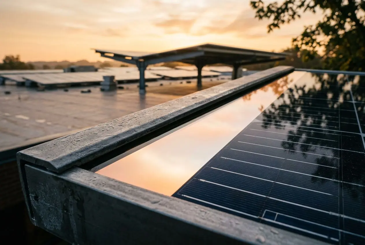 Solar panels on a rooftop at sunset, highlighting a close view of the panel surface and reflections. Ontario small business commercial solar installers alternatives to large installers.