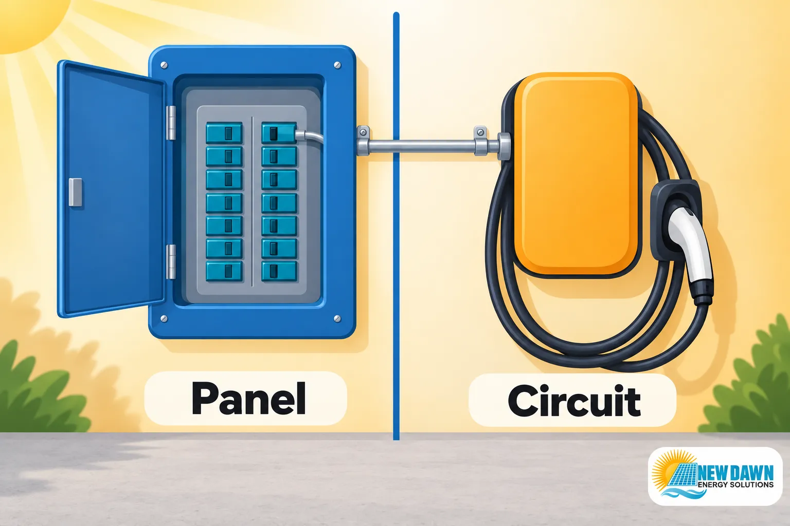 A split illustration showing an open electrical panel on the left and an electric vehicle charging cable connected to a