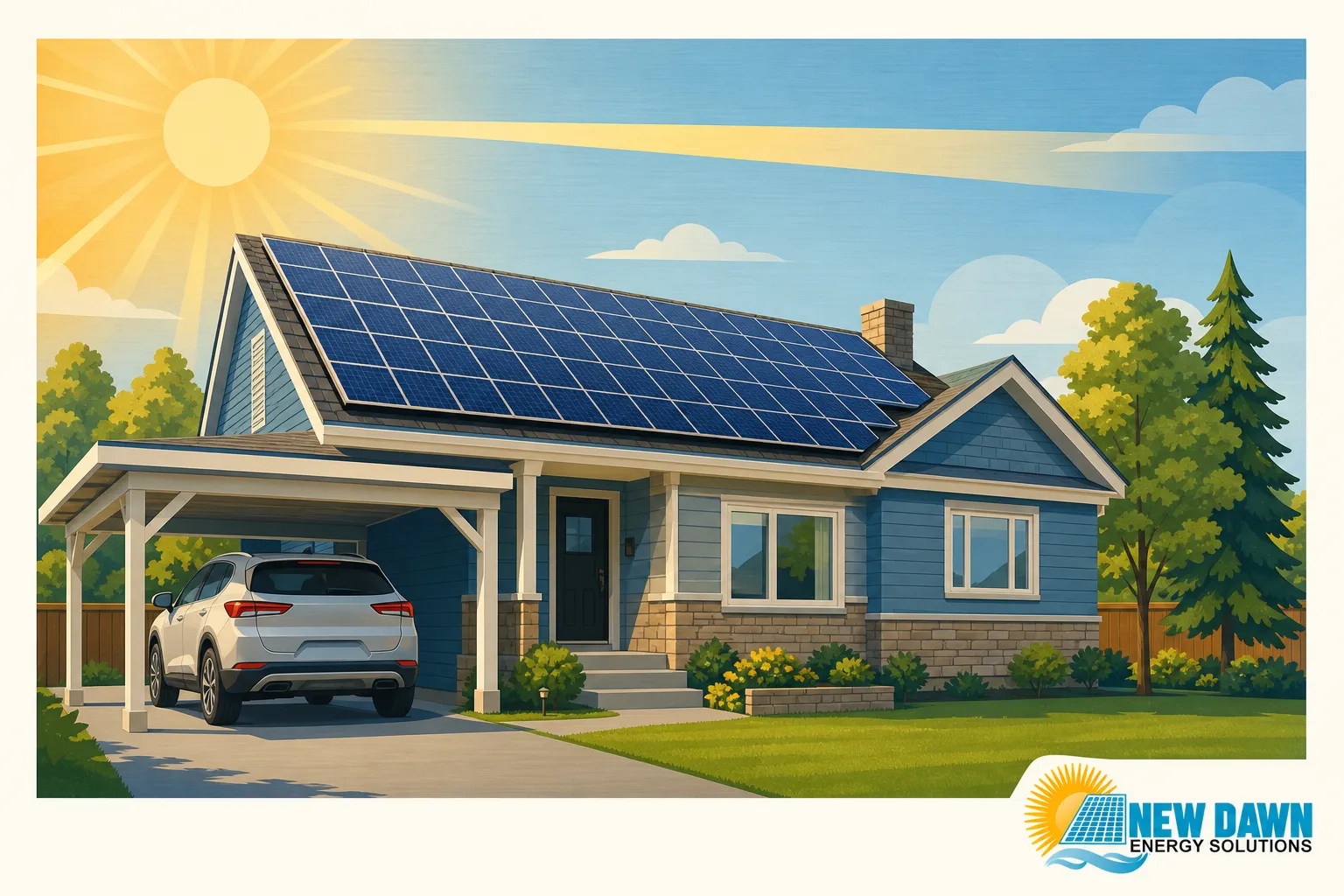 Sunny suburban home with solar panels on the roof, carport, and a bright sky; ideal for illustrating ontario electricity rate increases and the advantage solar presents.