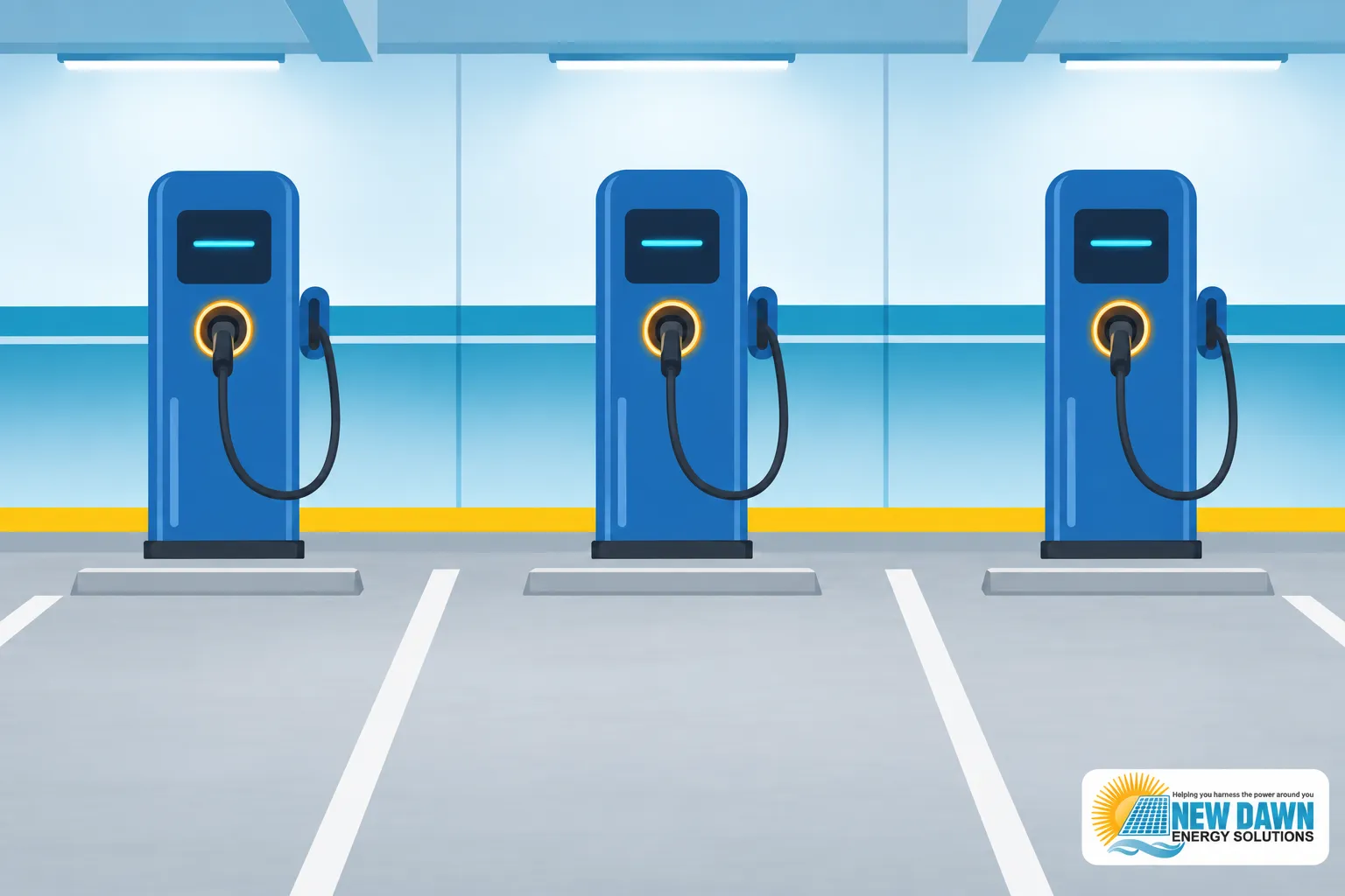 Three blue electric vehicle charging stations are installed in a parking garage.
