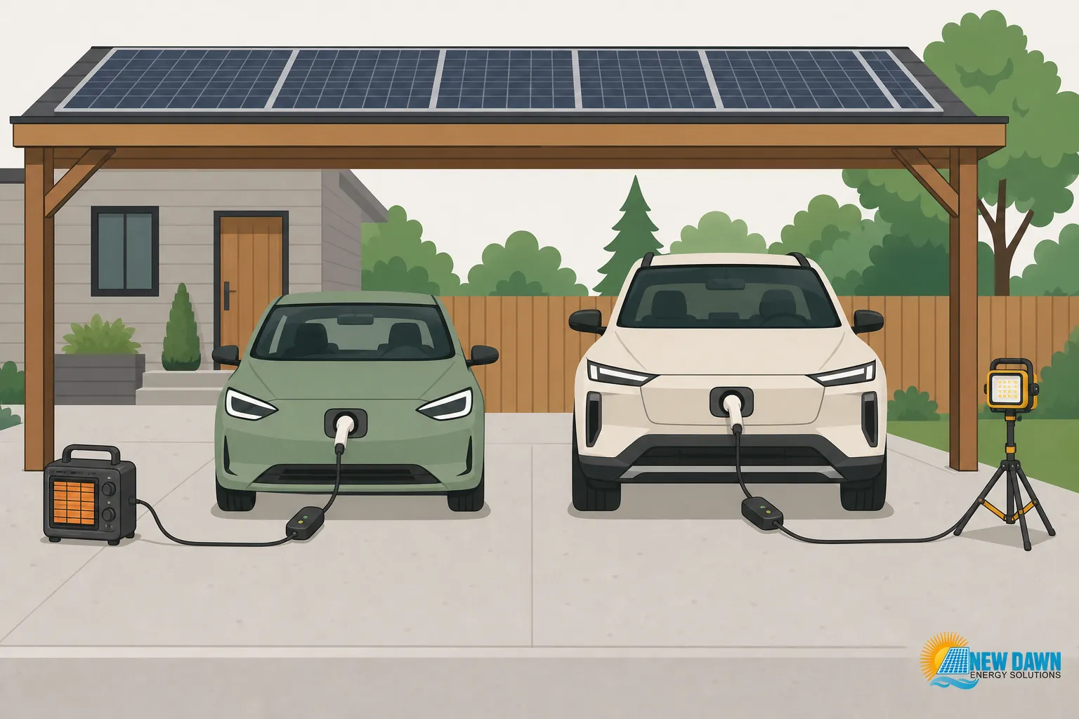 Two EVs plugged into a home solar setup for bidirectional electric vehicle charging under a solar-covered carport.