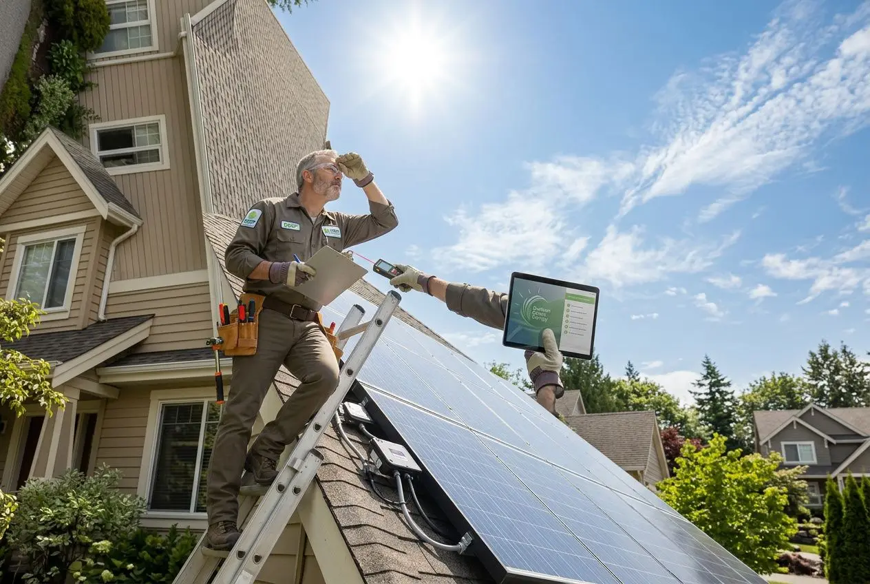 Utility workers install solar panels on a home roof, one on a ladder examining a tablet, highlighting durham green energy financing programs.