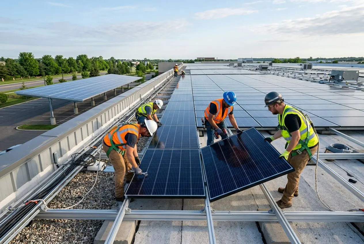 Workers install solar panels on a commercial rooftop, coordinating a solar array as part of a commercial solar installation process.